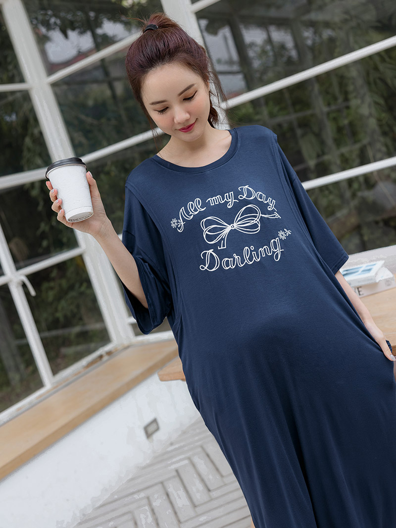 哺乳裝。莫代爾棉印蝴蝶結側掀哺乳洋