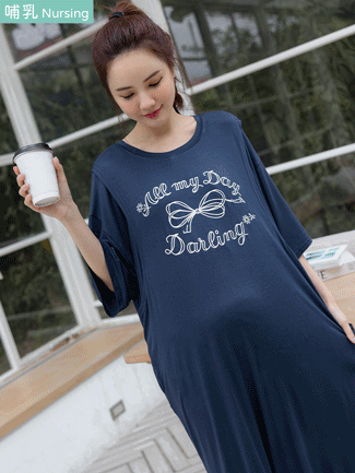 哺乳裝。莫代爾棉印蝴蝶結側掀哺乳洋