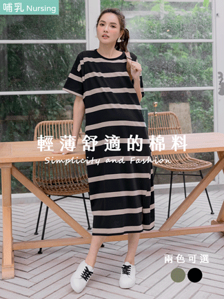 哺乳裝。大地色條側袋側掀哺乳棉長洋
