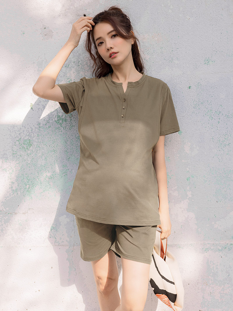 二件套。V領開釦側掀哺乳衣+棉短褲(薄)