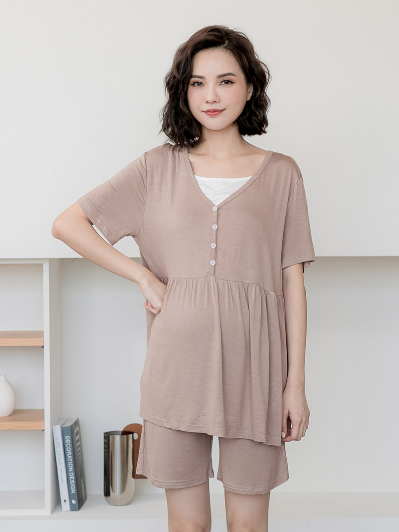 月子服。涼感棉排釦哺乳娃娃衣+棉短褲