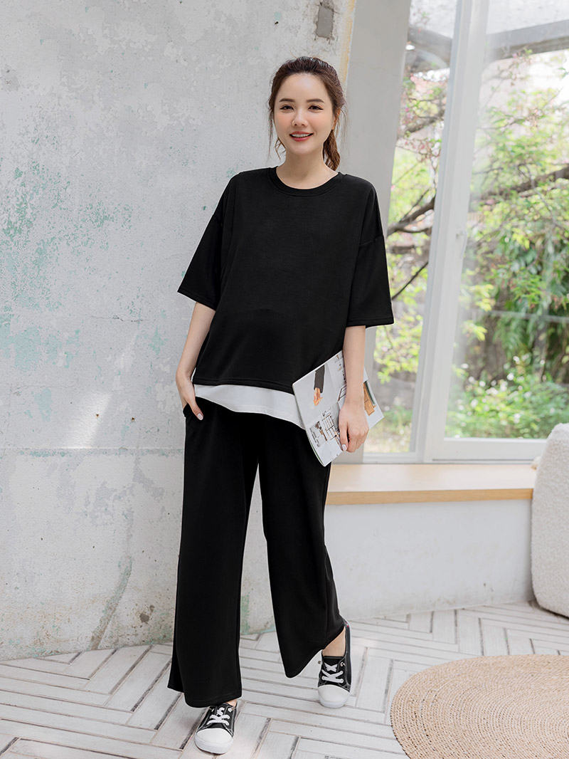 二件套款。太空棉拼接側掀哺乳衣+棉長褲