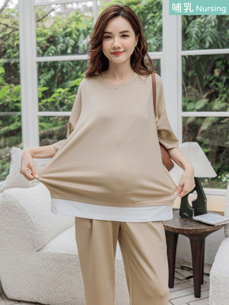 二件套款。太空棉拼接側掀哺乳衣+棉長褲