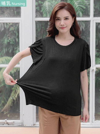 哺乳衣。花瓣袖側掀哺乳棉T(薄彈)