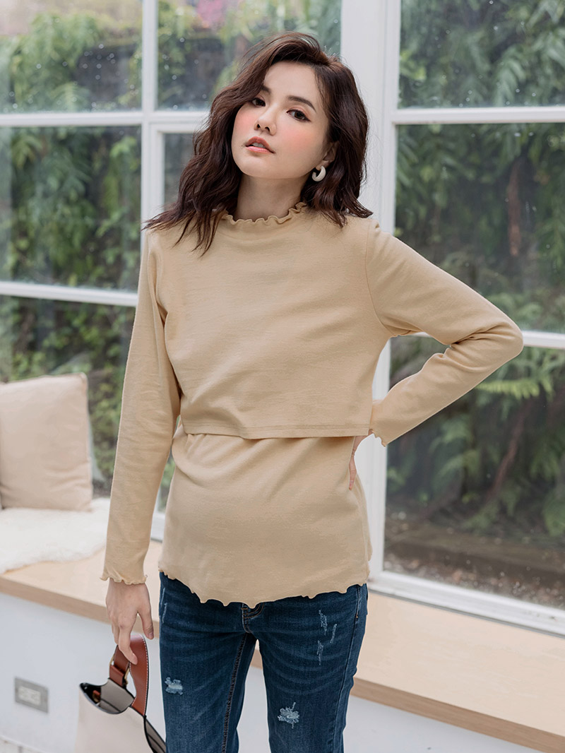 哺乳衣。微立領捲捲邊磨毛上掀哺乳T