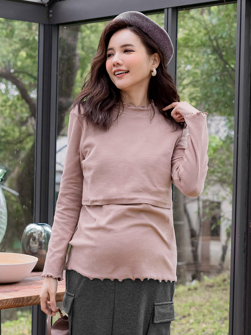 哺乳衣。微立領捲捲邊磨毛上掀哺乳T